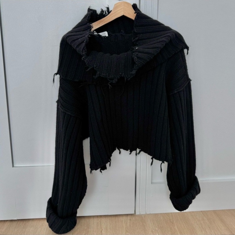 PERVERZE Wool Black Turtleneck Cropped Sweater Raw Edges